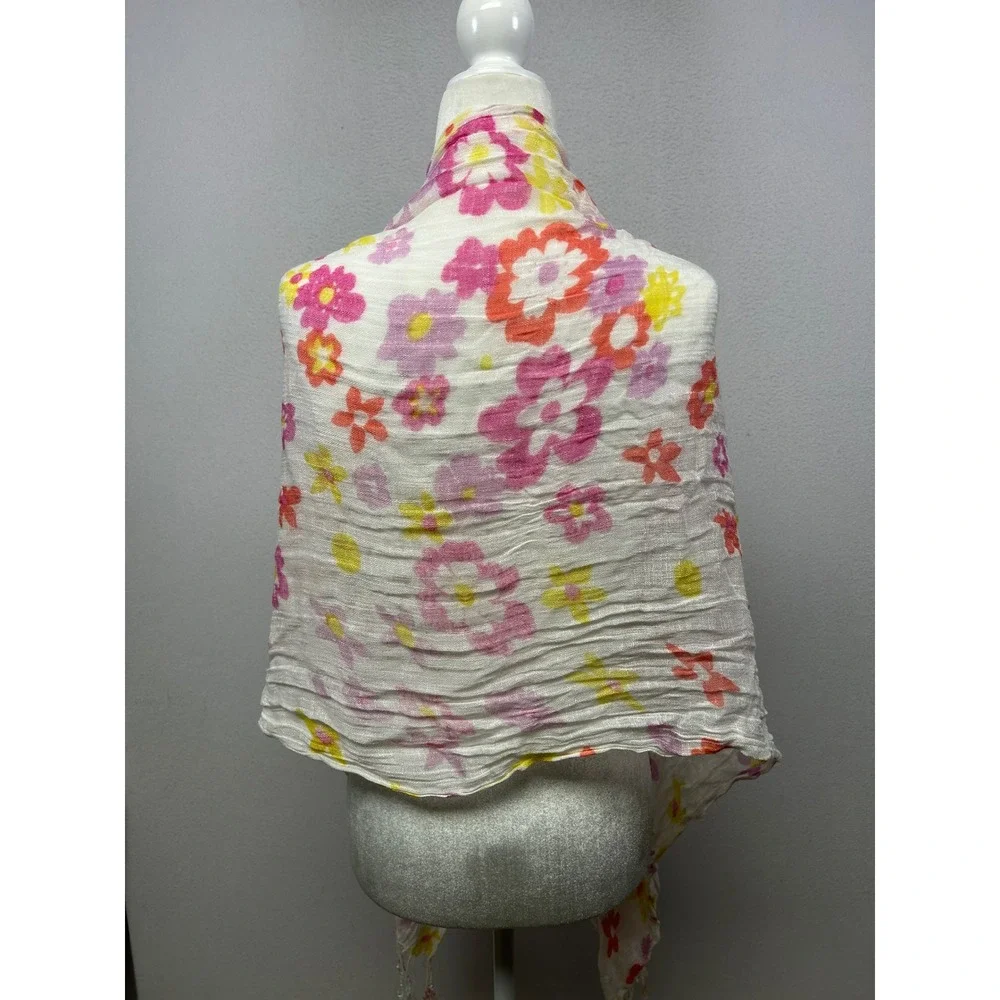 Cottagecore Airy Women OS White‎ Pink Floral Gauze Fringe Scarf Wrap